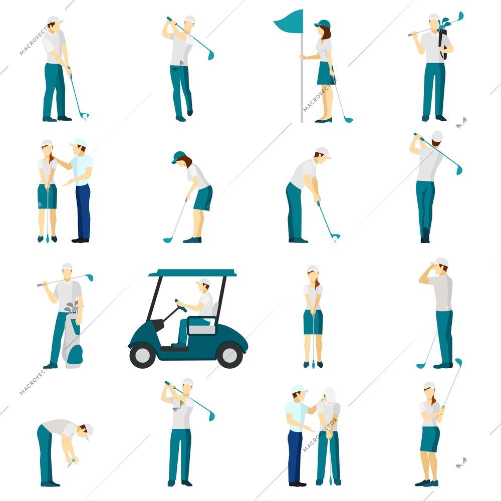 Male and female people silhouettes playing golf flat icons set isolated vector illustration