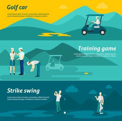 Golf horizontal banner set with flat car and training elements isolated vector illustration