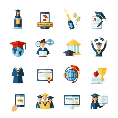 High school college graduation flat pictograms collection with official diploma and academic hat abstract isolated vector illustration