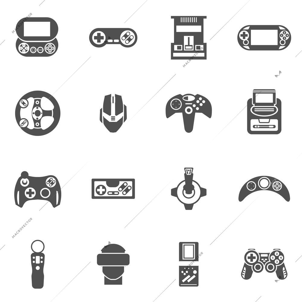 Video game black icons set with joystick console and other gadgets isolated vector illustration