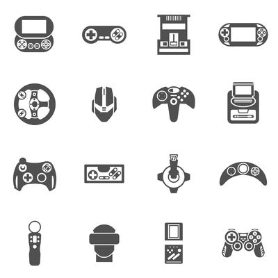 Video game black icons set with joystick console and other gadgets isolated vector illustration