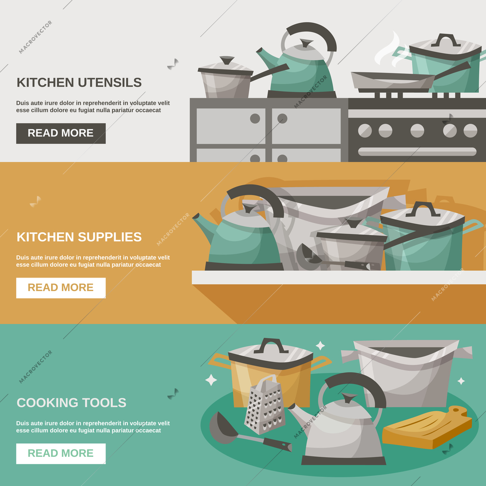 Kitchen tools horizontal banners set with utensils and supplies flat isolated vector illustration