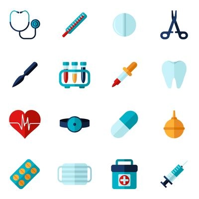 Medical icons flat set with syringe stethoscope bandage isolated vector illustration