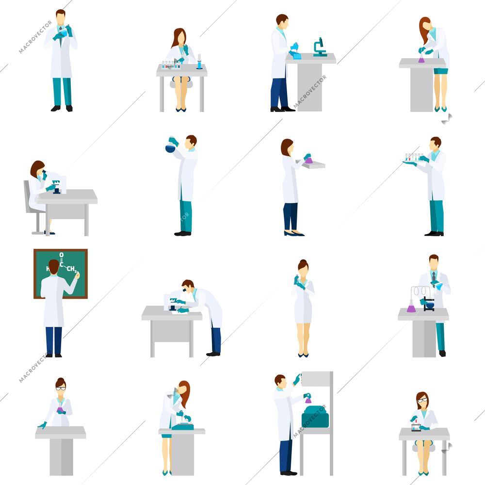 Scientist person flat icons set with men and women in laboratory isolated vector illustration