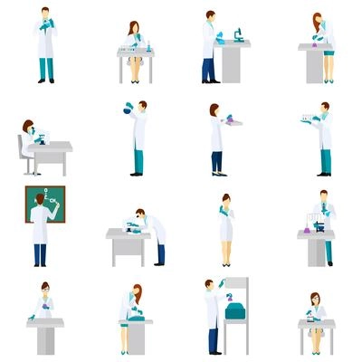 Scientist person flat icons set with men and women in laboratory isolated vector illustration