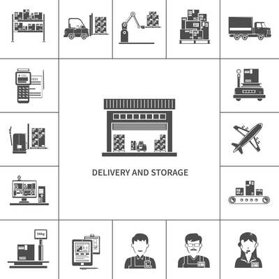 Warehouse delivery and storage icons black set isolated vector illustration