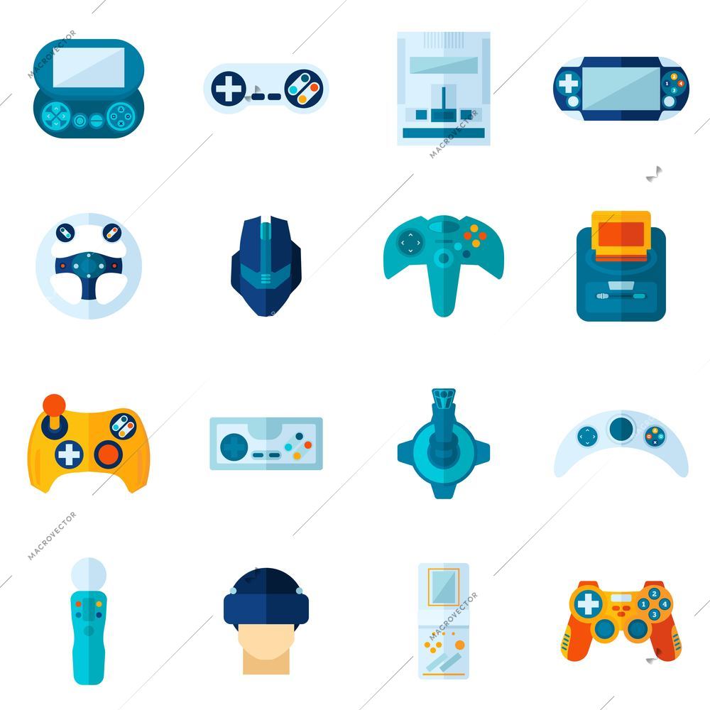 Video game flat icons set with mobile play gadgets isolated vector illustration