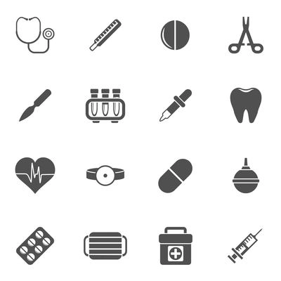 Medical black icons set with medicines and pharmacy instruments isolated vector illustration