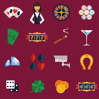 Casino and gambling icons set with slot machine and roulette flat isolated vector illustration