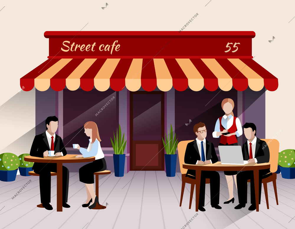 Street cafe outdoor terrace business lunch scene with waitress taking order flat banner print abstract vector illustration. Editable EPS and Render in JPG format