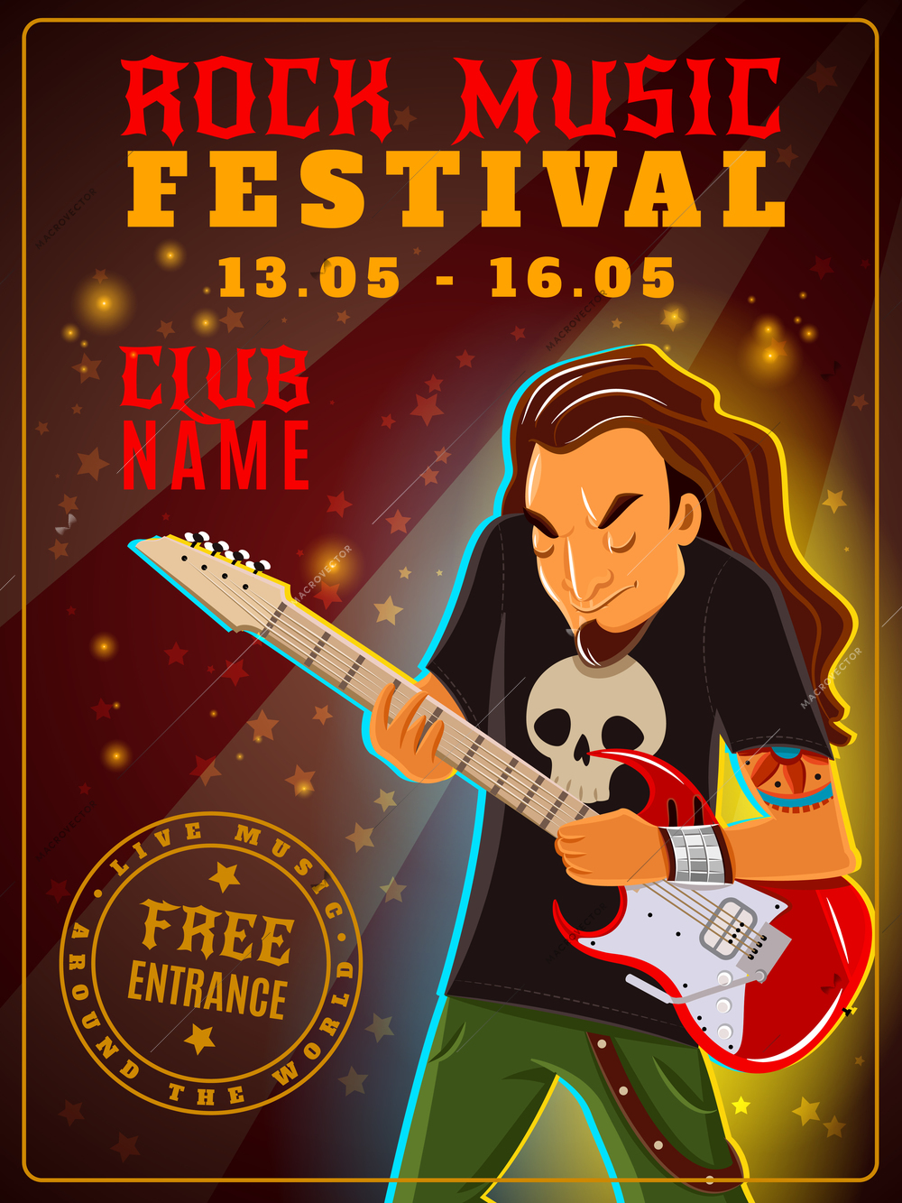 Youth club rock music festival free entrance announcement vintage poster with date of event abstract vector illustration