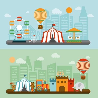 Travelling chapiteau circus tent in city nostalgic flat banners set  with elephant and strongman vector isolated illustration