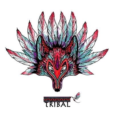 Doodle colored wolf tribal ritual mask with feathers and ornament vector illustration