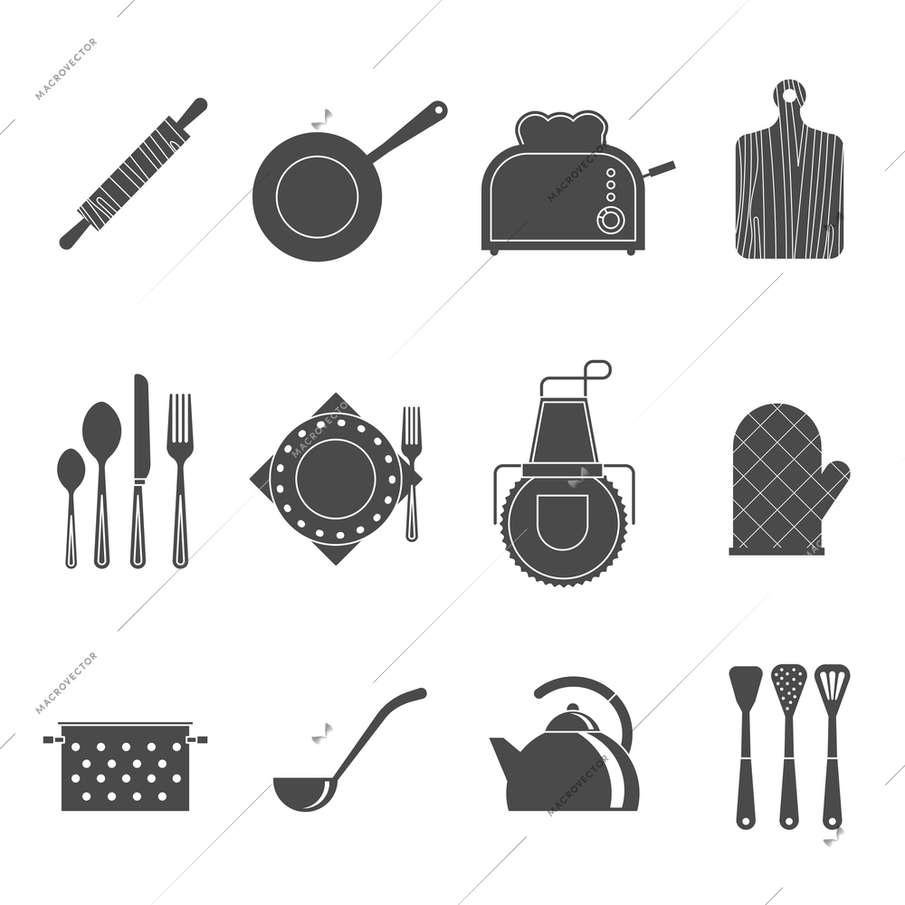 Kitchen utensils tools and accessories icons set with cutting board and apron black abstract isolated vector illustration