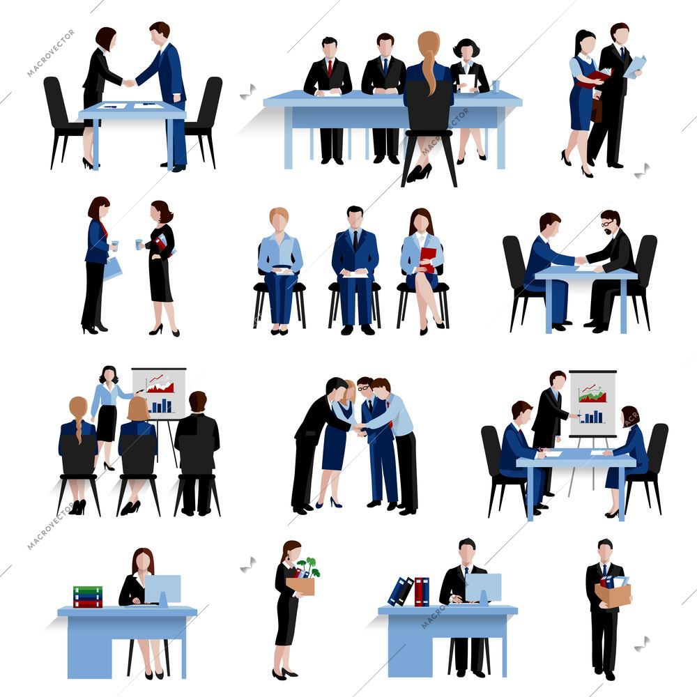 Human resources personnel selection interviewing recruitment and training strategy flat icons  composition set abstract isolated vector illustration