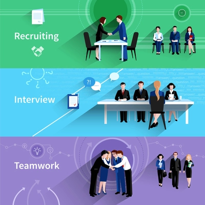 Human resources personnel recruiting interview and teamwork 3 flat horizontal banners abstract slant shadow isolated vector illustration