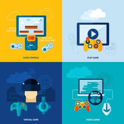 Video game design concept set with virtual play console flat icons isolated vector illustration