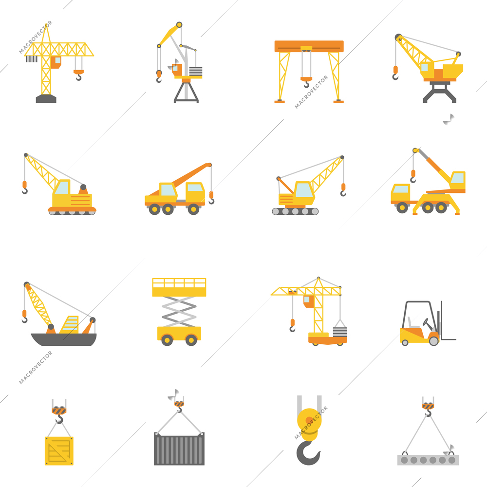 Cranes in construction industry flat icons set with truck mounted and tower crane abstract isolated vector illustration