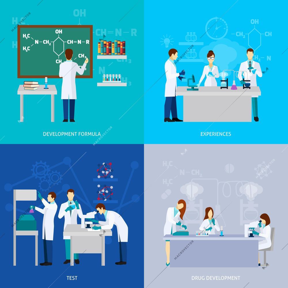 Scientists design concept set with drug development flat icons isolated vector illustration