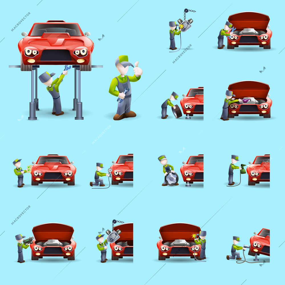 Auto mechanic cartoon character performing full car service abstract colorful isolated icons set abstract vector isolated illustration