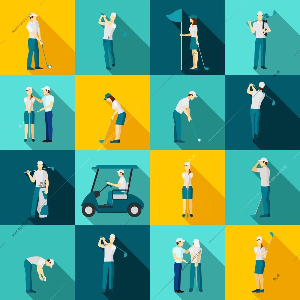 People playing golf flat long shadow icons set isolated vector illustration