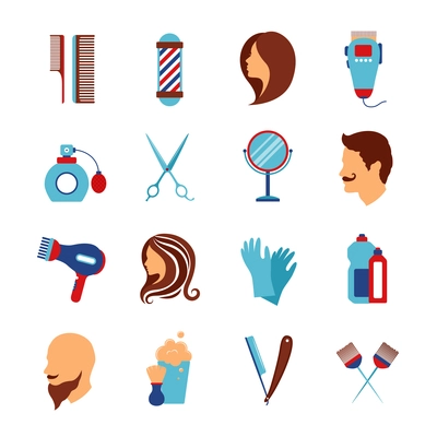 Barber shop and hairdressing beauty salon accessories for hair styling flat icons set abstract vector isolated illustration