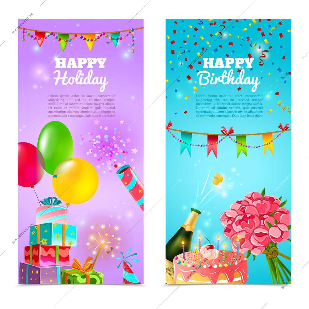 Happy birthday holiday party celebration 2 vertical festive banners set with  cake and  champagne abstract vector illustration