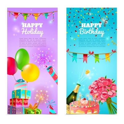 Happy birthday holiday party celebration 2 vertical festive banners set with  cake and  champagne abstract vector illustration