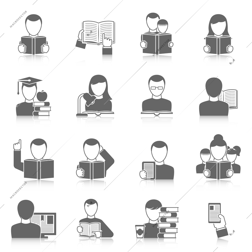 Books and reading black white icons set with tales education and people flat shadow isolated vector illustration
