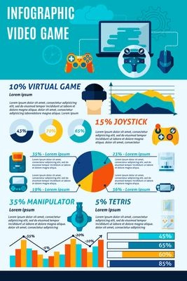 Video game infographics set with virtual play simbols and charts vector illustration