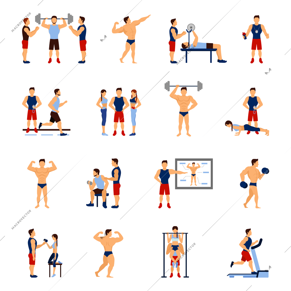 Gym coach and personal trainer flat icons set isolated vector illustration