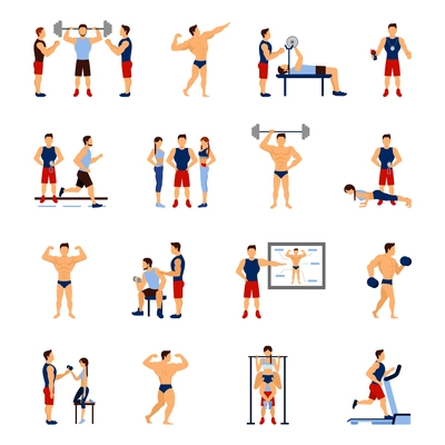 Gym coach and personal trainer flat icons set isolated vector illustration