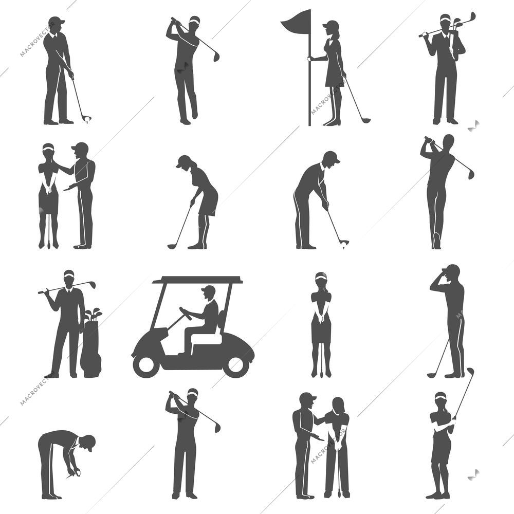 Black people playing golf game silhouettes icons set isolated vector illustration