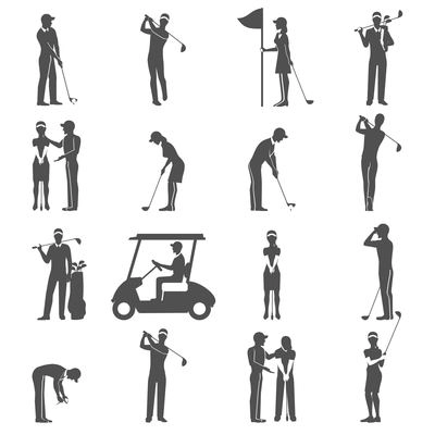 Black people playing golf game silhouettes icons set isolated vector illustration