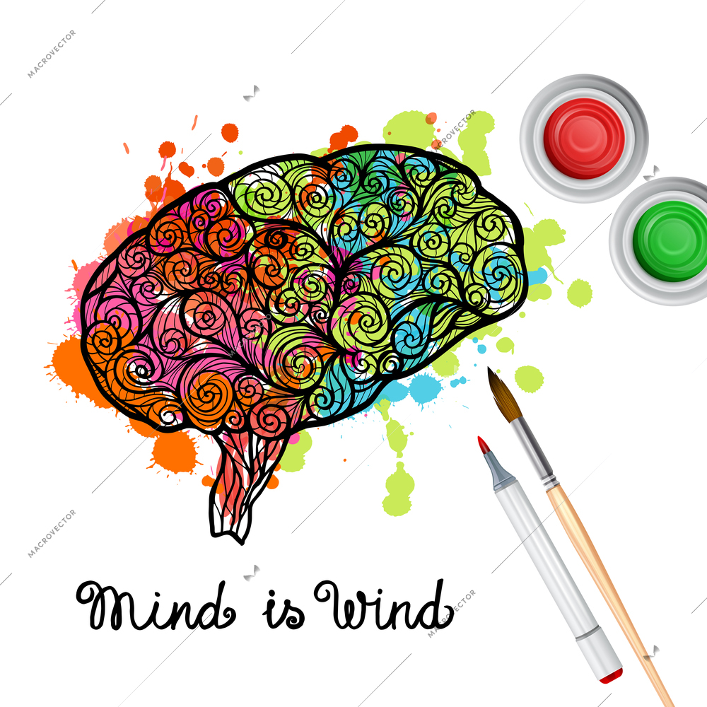 Creativity concept with hand drawn human brain with paint splashes vector illustration