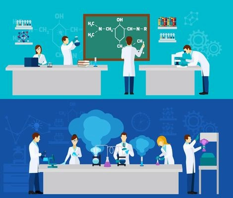 Scientist horizontal banner set with people in chemistry lab isolated vector illustration