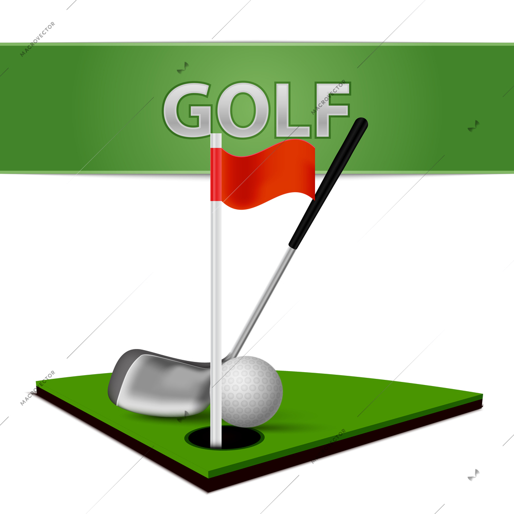 Realistic golf ball club and green grass field emblem isolated vector illustration