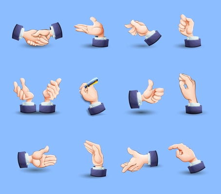 Hand gestures flat icons set expressing approval with thumb up and pointing finger abstract vector isolated illustration