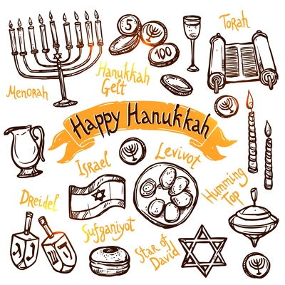 Hanukkah traditional jewish holiday doodle symbols set isolated vector illustration