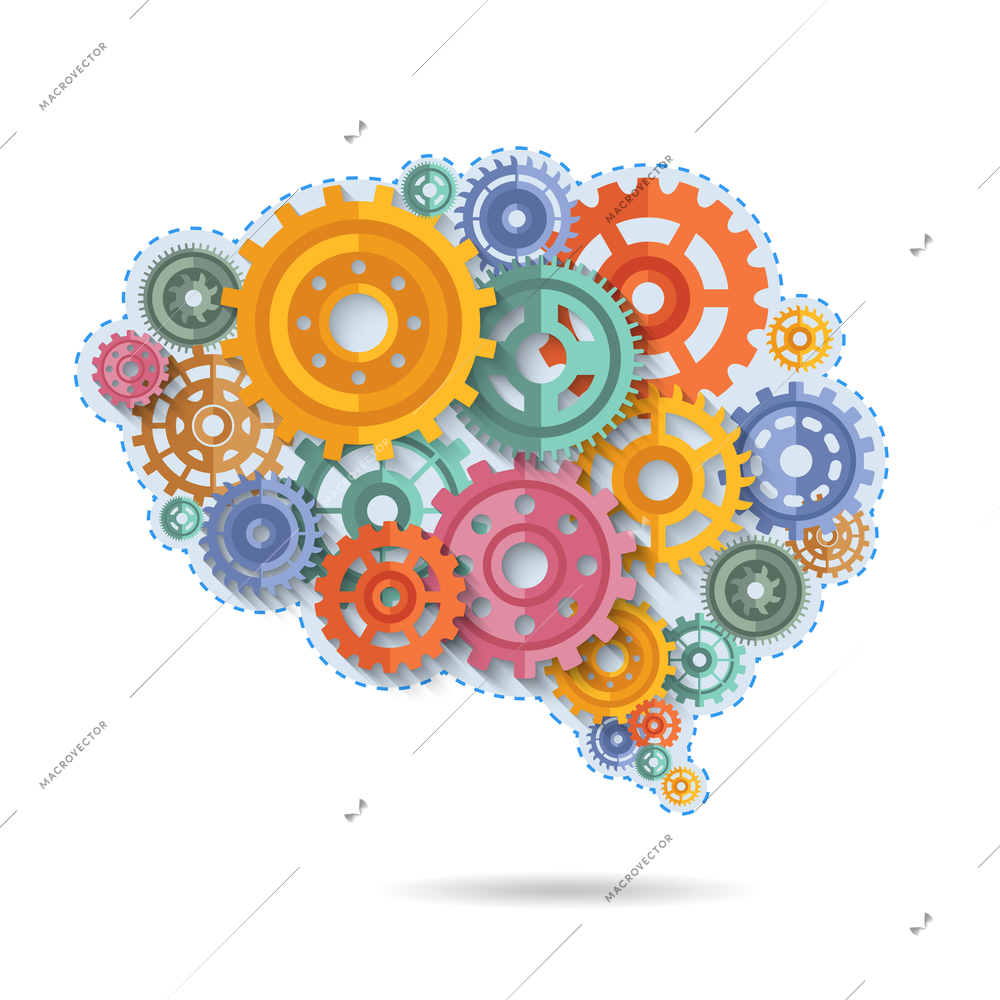 Various flat style color gears in shape of brain concept vector illustration
