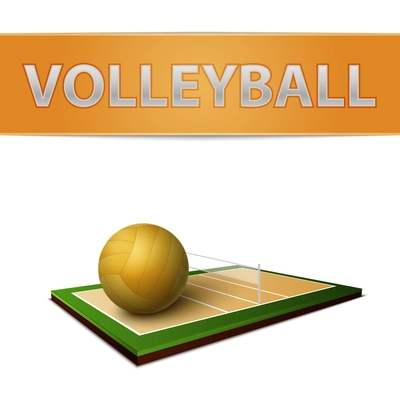 Realistic volleyball ball and field emblem isolated vector illustration