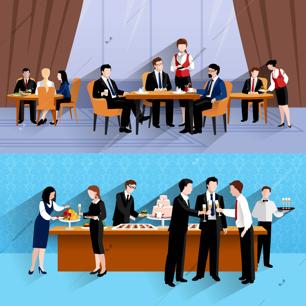 Business people lunch at work two horizontal banners composition of company cantina buffet abstract isolated vector illustration