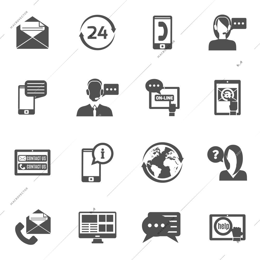 Contact us service line black icons set isolated vector illustration