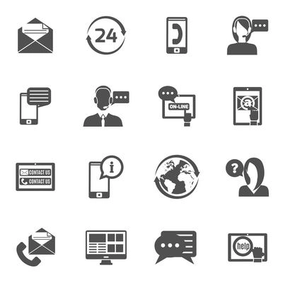 Contact us service line black icons set isolated vector illustration