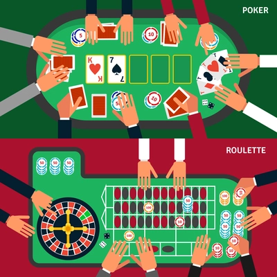 Casino game horizontal banners set with hands and table flat isolated vector illustration