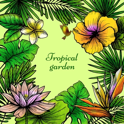 Tropical leaves frame with hand drawn exotic flowers and birds vector illustration