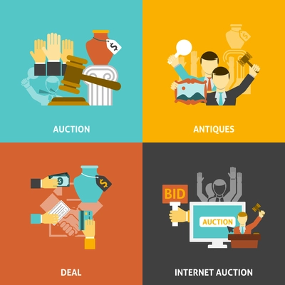 Auction deal icons set with antiques and internet bidding flat isolated vector illustration