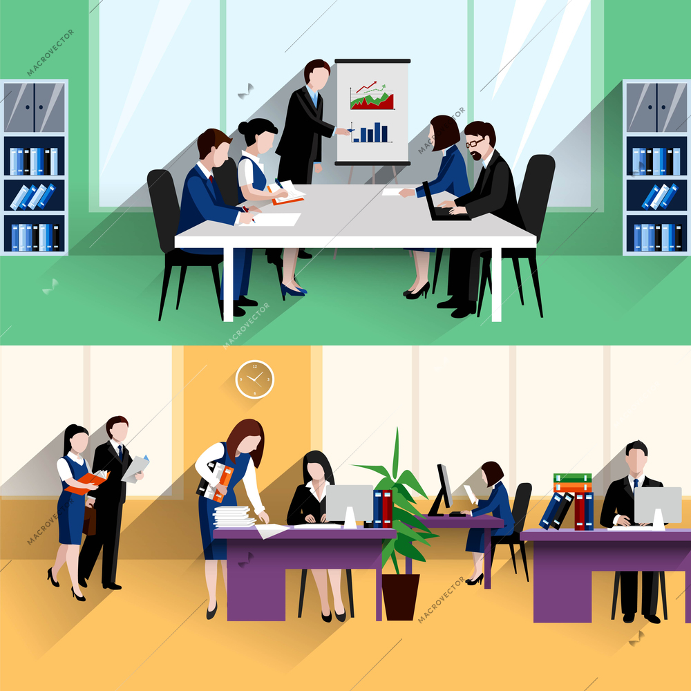 Morning daily briefing meeting and office work situation two flat banners composition poster abstract isolated vector illustration