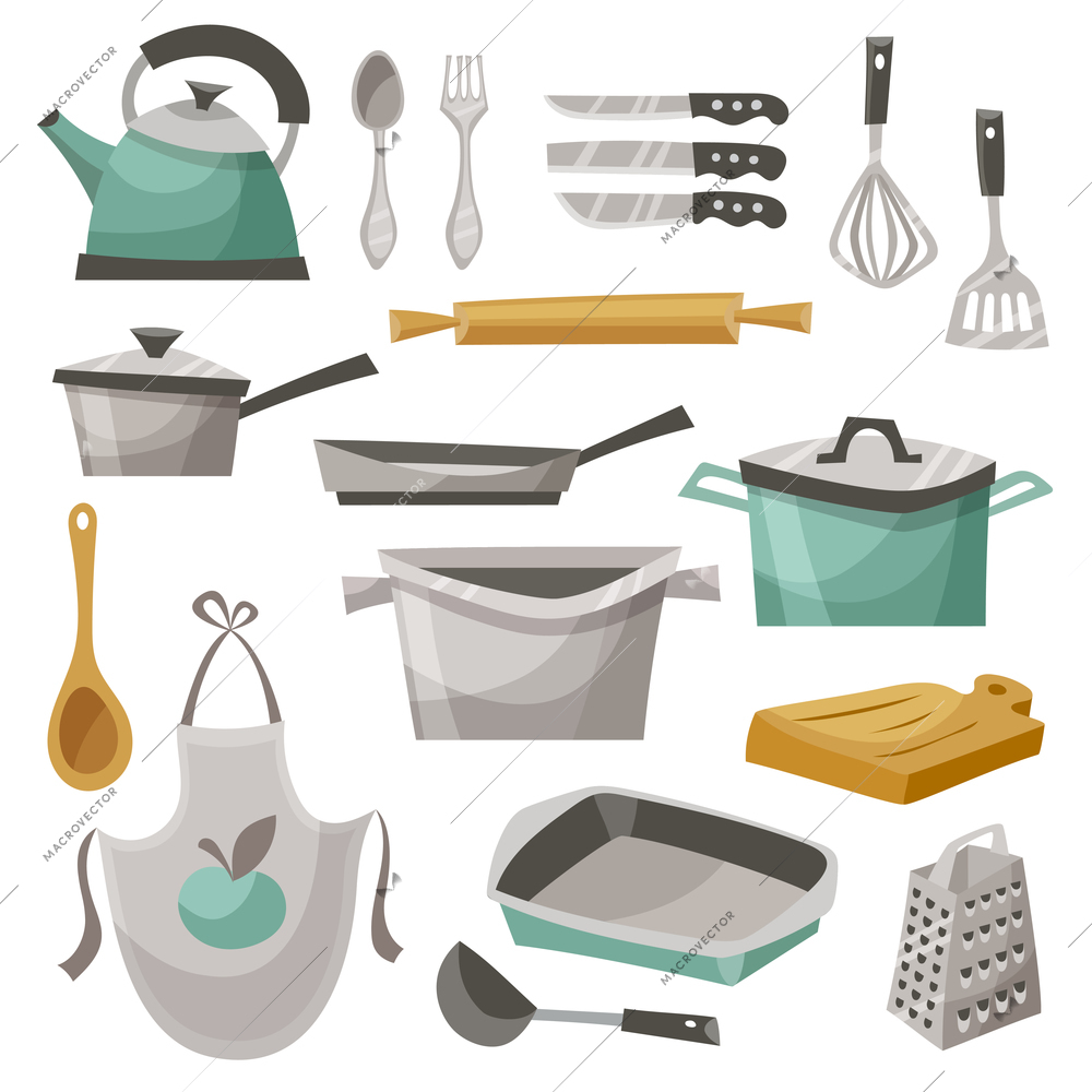 Kitchen stuff icons set with apron frying pan and teapot flat isolated vector illustration