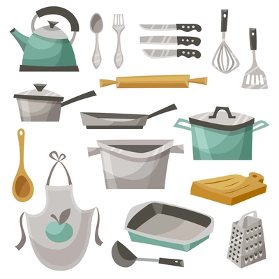 Kitchen stuff icons set with apron frying pan and teapot flat isolated vector illustration